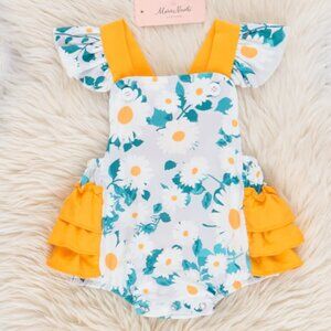 Blue & Yellow Garden Ruffle Bubble Romper
